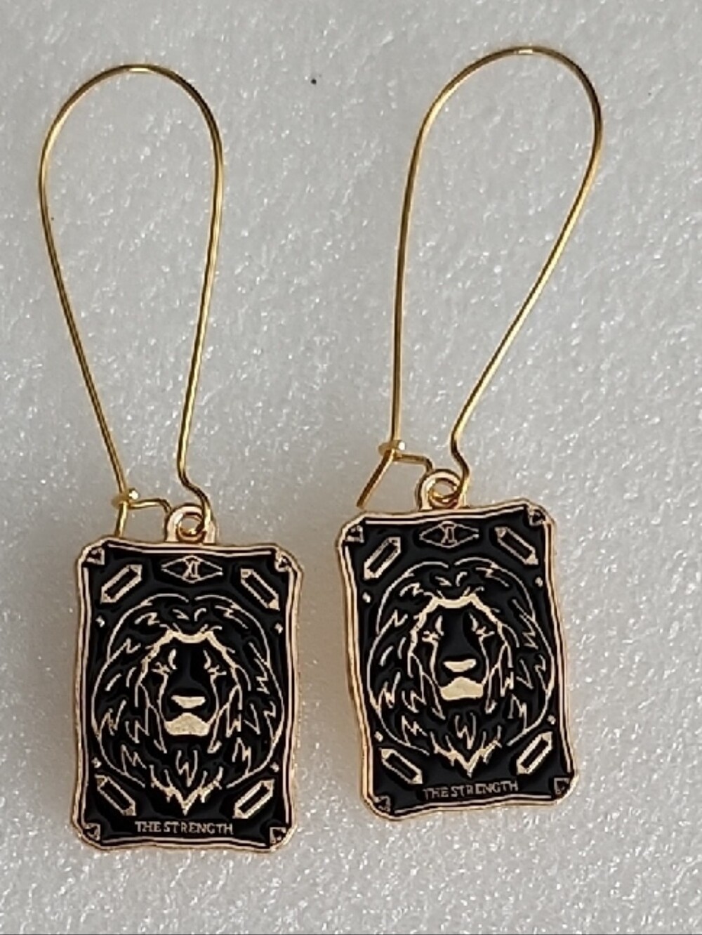 Hand Crafted Gold and Black Lion Strength Tarot Drop Earrings - Picture 1 of 3